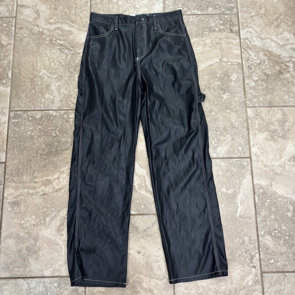 Bershka Black Faux Leather Carpenter Pants White Contrast Stitching Women Size M